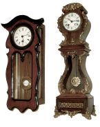 Clocks- 2 (Two): the first a miniature Vienna style, 8 days, timepiece, walnut case with ebonized trim, Roman numeral white enamel dial, late 19th century, the other a French miniature tall clock, mahogany bombe case with applied gilt ornaments, Roman numeral white enamel dial, 8 days, time and strike, pendule a Paris movement signed "Maple & Co. Paris", c1900