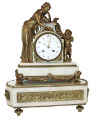 France, Briant, marble and gilt bronze mantel clock with separate base, the base with convex ends, and with recessed panels, all with gilt ornament, the front in relief depicting putti creating mischief, and on foliate ornamented toupie feet, the base of the clock case with gilt swags and with paw feet, and the upper section with figures flanking the dial, a putto on the right presents a bird to the standing female at the left, Arabic numeral white enamel dial signed "Briant a Paris", gilt pierced and engraved hands, 8 days, time and strike, pendule a Paris movement marked Vincenti, c1870