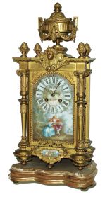 French for "Miller & Sons" cast brass and hand-painted enamel panels, 8 days, time and strike, mantel clocks, caf on movement caf with gold-leafed wood base, c1890