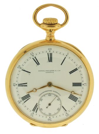 Patek, Philippe & Cie., Geneva, Switzerland, "Chronometro Gondolo", for Gondolo and Labouriau, Rio De Janiero, 20 jewels, stem wind and set, gilt bar movement with counterpoised lever escapement, cut bimetallic balance, gold timing screws, gold wheel train, wolf