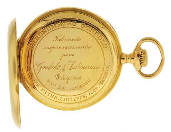 Patek, Philippe & Cie., Geneva, Switzerland, "Chronometro Gondolo", for Gondolo and Labouriau, Rio De Janiero, 20 jewels, stem wind and set, gilt bar movement with counterpoised lever escapement, cut bimetallic balance, gold timing screws, gold wheel train, wolf