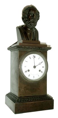 French, unsigned, heavy bronze mantle clock, tribute to Euclid and surmounted by a finely detailed bust of his likeness, the porcelain dial signed LAGUESSE, a