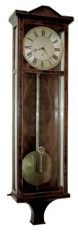 Vienna, Austria, 30 Day, single weight regulator, Biedermeier period, in a slender mahogany veneer case with satinwood accents or banding along the edges, and with polished steel pendulum rod, and sharp edged brass pendulum, with brass rear, and the two piece silvered brass dial surrounded with engine turned brass bezels (inner and outer), c1835