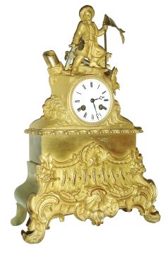 France, dore bronze figural clock, NAVY, showing a seaman going ashore with flag and axe, a giant bronze anchor at his feet, the clocked itself flanked by large striated waves of ocean, c1840