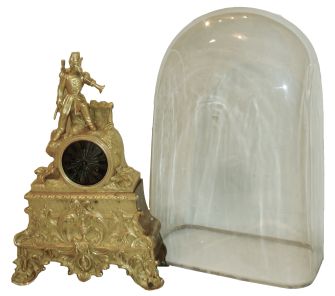 French, dore bronze figural clock, ARMY, an officer in full dress with bugle in left hand and a percussion rifle over his left shoulder, standing near a parapet, the clock itself tastefully off-center, the whole above a base of urns, swags and scrolls, and with a good old rectangular glass dome, c1840