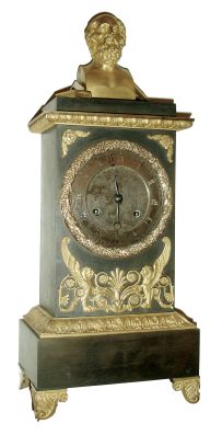 France, unsigned movement and case, quality tribute to Euclid, Father of Geometry, whose gilt ormolu bust surmounts the architectural case, his tools and book to the sides of the bust. With a quality silk thread, bell strike movement with count wheel striking, c1835