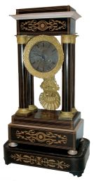 French, Barbot, Paris, 8 days, time and strike, spring brass movement 4-column Empire portico mantel clock, c1895