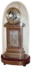 France, small mantel or table clock, rosewood veneered case with contrasting inlays and moldings, the front with thermometer mounted to an engraved silvered scale, gilt bezel with Roman numeral silvered dial, small seconds display at 12:00, blued steel Breguet style hands, 8 days, time and count wheel strike pendule a Paris movement signed "Robert a Paris", dead beat escapement, rosewood veneered base on turned feet, with glass dome, c1840