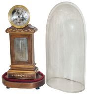 France, small mantel or table clock, rosewood veneered case with contrasting inlays and moldings, the front with thermometer mounted to an engraved silvered scale, gilt bezel with Roman numeral silvered dial, small seconds display at 12:00, blued steel Breguet style hands, 8 days, time and count wheel strike pendule a Paris movement signed "Robert a Paris", dead beat escapement, rosewood veneered base on turned feet, with glass dome, c1840
