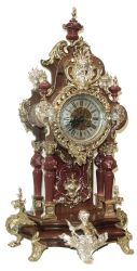 Lenzkirch, Germany, very rare burgundy porcelain / ormolu /and walnut, open well mantel clock, with cast pendulum, all in the French style., with over two dozen pieces of brass trim, some gilt, some silver or nickel plated, professionally restored, serial Nr. 654919, and with original brass + steel Lenzkirch key, C1880