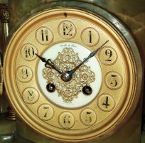 French, for Wier & Sons, Dublin, (Ireland) green onyx and cast brass architectural, 8 days, time and strike, mantel clock, Marti Medaille D