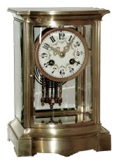 French bow front polished brass and beveled glass, 8 days, time and strike, crystal regulator mantel clock, Marti 1889 movement, c1900