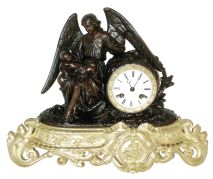 French gilt and bronzed cast metal figural, 8 days, time and strike, thread suspension mantel clock, c1830