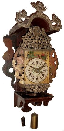 Dutch Friesian, 30 hours, weight-driven time, strike and alarm Stoelklok with painted wood hooded wall bracket, crown wheel and verge escapement, c1820