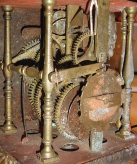 Dutch Friesian, 30 hours, weight-driven time, strike and alarm Stoelklok with painted wood hooded wall bracket, crown wheel and verge escapement, c1820