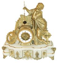 French, for J.W. Benson, London, gilt spelter and alabaster, 8 days, time and strike, mantel clock with conical pendulum, c1890