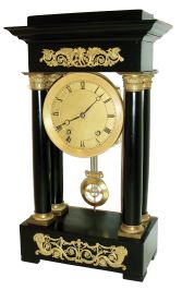 French portico clock, large ebonized wooden case with gilt bronze mounts, Roman numeral gilt dial, blued steel Breguet style hands, 8 - 15 day, time and strike, movement with square plates, c1820