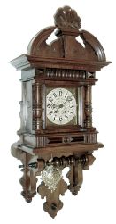 Lenzkirch, AGU, Germany, "Freischwinger", 8 days, time and strike, spring driven, series No. 26 movement in a walnut case with nicely turned cross column below door and turned half columns flanking silvered dial, serial number 927944, c1891