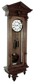 Lenzkirch, Germany, Vienna Regulator wall clock in the Alt Deutsche style, 8 days, time and strike, weight driven movement marked with Lenzkirch hallmark in an oak case with applied carvings, flat reeded columns flanking door, a pediment top, white enamel dial, serial number 1160521, c1897