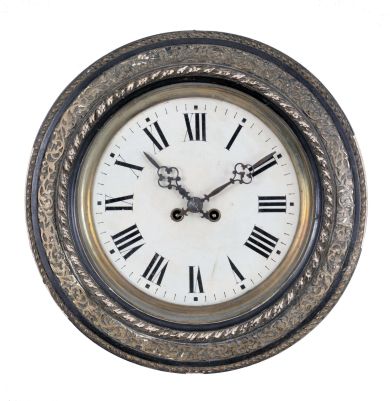 One clock only- French gallery clock, 8 day, time and strike movement with gesso ornamented bezel