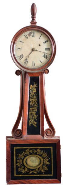 Horace Tifft attributed, North Attleboro, Mass. 8 day, weight driven, brass movement Patent or banjo timepiece.