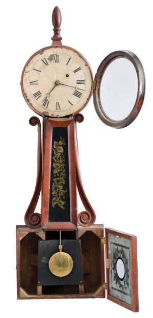 Horace Tifft attributed, North Attleboro, Mass. 8 day, weight driven, brass movement Patent or banjo timepiece.