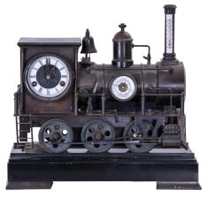 Reproduction Locomotive Clock: Detailed brass metal train model based on French Industrial series from the 1890s, time and strike clock with aneroid barometer and alcohol thermometer, all atop a black slate base with train track. Second spring driven movement in base is meant to power the wheels of the train.