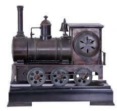 Reproduction Locomotive Clock: Detailed brass metal train model based on French Industrial series from the 1890s, time and strike clock with aneroid barometer and alcohol thermometer, all atop a black slate base with train track. Second spring driven movement in base is meant to power the wheels of the train.