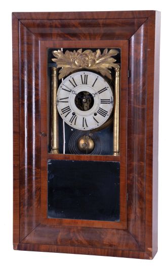 Hills, Goodrich & Co., Plainville, Conn., 8 day, time and strike, weight driven brass movement OG shelf clock with a partial overpasted J. J. Beals, Boston label. The movement was designed by Joseph Ives.