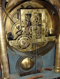 Hills, Goodrich & Co., Plainville, Conn., 8 day, time and strike, weight driven brass movement OG shelf clock with a partial overpasted J. J. Beals, Boston label. The movement was designed by Joseph Ives.