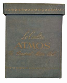 Jaeger LeCoultre, Switzerland, "Atmos" gilt brass and glass perpetual mantel clock, serial number 98063, front door hinges from side, in original green felt carrying box