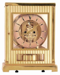 Jaeger LeCoultre, Switzerland, "Atmos Tuxedo" model 522 calibre movement perpetual gold- plated brass and glass time only mantel clock, serial number 61873