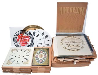 Dials and Glasses: 10 (ten) painted metal clock dials and over 50; (fifty) reverse painted and stenciled glass tablets for clocks, many with reproduction vintage advertising
