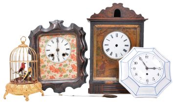 Clocks- 30 (Thirty) approximately German, Black Forest and Reproduction: including 20 (Twenty) modern German barometer, thermometer, clock combination in the form of a Swiss chalet, time and strike wooden works wag on wall, shelf cuckoo case only, Cuckoo and Quail wall clock American Cuckoo Clock Co., German porcelain wall clock and several modern and parts cuckoos, The lot includes a reproduction cast iron bank with soccer theme and a double singing bird in cage by Reuge.