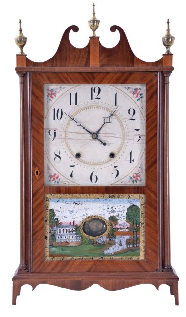 E. Terry & Sons, Plymouth, Conn., 30 hour, time and strike weight wood movement pillar & scroll shelf clock.