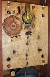 E. Terry & Sons, Plymouth, Conn., 30 hour, time and strike weight wood movement pillar & scroll shelf clock.