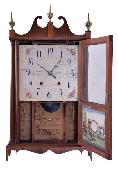 E. Terry & Sons, Plymouth, Conn., 30 hour, time and strike weight wood movement pillar & scroll shelf clock.