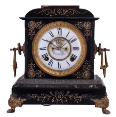 Ansonia Clock Co., New York, NY, "St. Clair", 8 day, time and strike spring driven movement enameled iron case mantel clock.