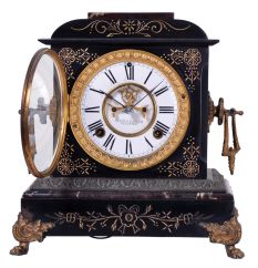Ansonia Clock Co., New York, NY, "St. Clair", 8 day, time and strike spring driven movement enameled iron case mantel clock.
