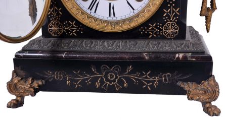 Ansonia Clock Co., New York, NY, "St. Clair", 8 day, time and strike spring driven movement enameled iron case mantel clock.