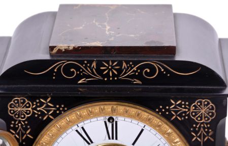 Ansonia Clock Co., New York, NY, "St. Clair", 8 day, time and strike spring driven movement enameled iron case mantel clock.