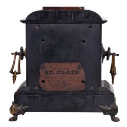 Ansonia Clock Co., New York, NY, "St. Clair", 8 day, time and strike spring driven movement enameled iron case mantel clock.