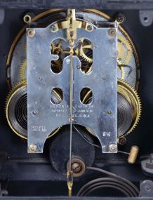Ansonia Clock Co., New York, NY, "St. Clair", 8 day, time and strike spring driven movement enameled iron case mantel clock.