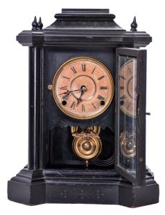 E. Ingraham & Co., Bristol, Conn., "Domino", 8 day, time and strike spring driven movement shelf clock.