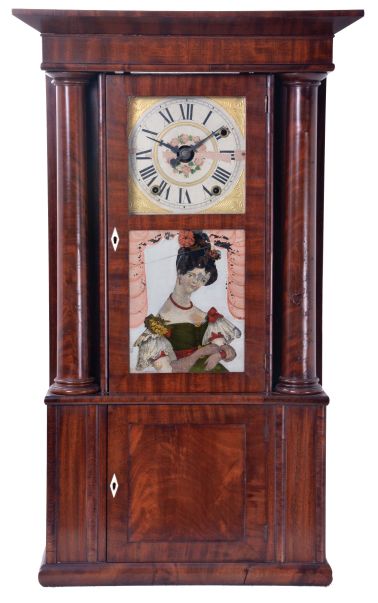 Rodney Brace, North Bridgewater, Mass Cornice and Full Column shelf clock with a 30 hour weight driven time, strike and alarm movement in a mahogany veneered case.