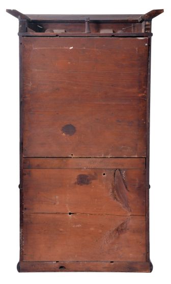 Rodney Brace, North Bridgewater, Mass Cornice and Full Column shelf clock with a 30 hour weight driven time, strike and alarm movement in a mahogany veneered case.