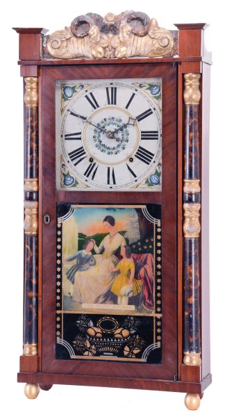 P (hilip) Barnes & Co., Bristol, Conn., 30 hour, time and strike weight wood movement half column & splat shelf clock.