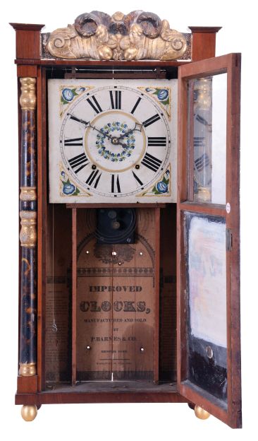 P (hilip) Barnes & Co., Bristol, Conn., 30 hour, time and strike weight wood movement half column & splat shelf clock.