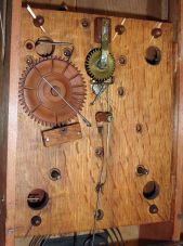P (hilip) Barnes & Co., Bristol, Conn., 30 hour, time and strike weight wood movement half column & splat shelf clock.