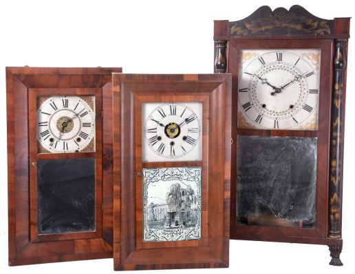Clocks- 3 (Three): (1) E. Terry & Sons, Plymouth, Conn. 30 hour, time and strike weight wood movement half column & splat shelf clock, c1828; (2) Wells, Forbes, Bristol, New Hampshire, 30 hour, time, strike and alarm weight wood movement bevel case shelf clock, c1842; (3) George Marsh, Winchester, Conn., 30 hour, time, strike and alarm weight driven, brass movement OG shelf clock, c1850